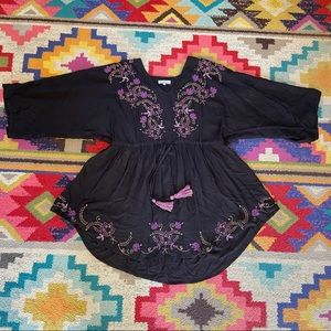 Purple Floral Embroidered Black Tunic